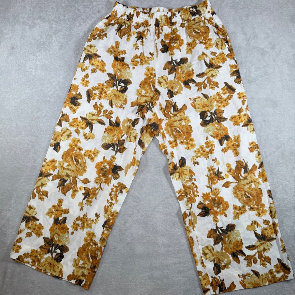 Panama Jack Linen Blend Wide Leg Pants Yellow Ochre Elastic‎ Waist Cropped